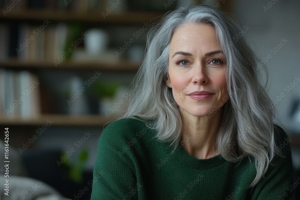 Fototapeta premium Elegant older woman in a green sweater conversing with a virtual assistant at home asking about music or posing a question Voice command and smart speaker technology