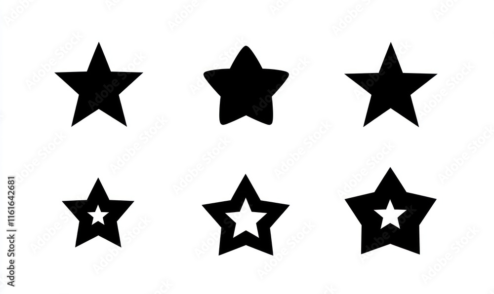 Six black star icons, various styles and sizes. Six black star icons, various styles and sizes.