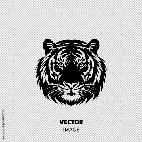 Stylized black and white tiger face illustration, showcasing intricate detailing and fierce expression.