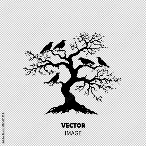 A striking silhouette of a tree with bare branches, complemented by six crows perched atop, evoking a mysterious atmosphere.