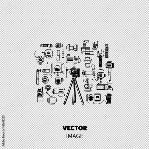 A collection of vintage and modern camera equipment illustrations on a white background.