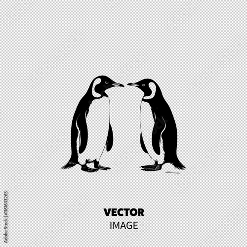 Two playful penguins face each other in a charming monochrome illustration.