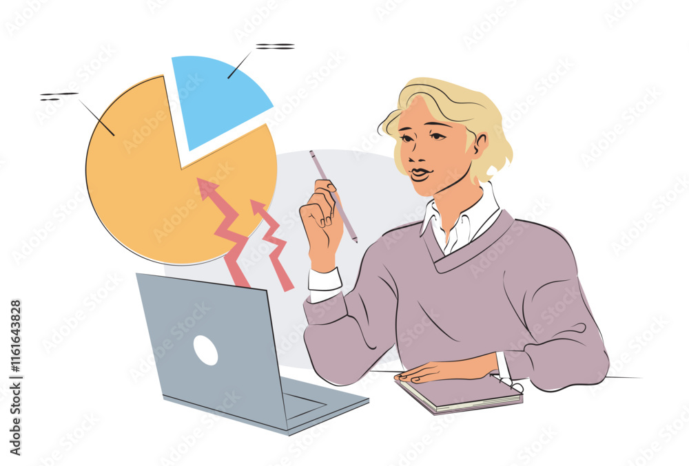 Businessperson analyzing data with a laptop and pie chart. Clean line art style, suitable for corporate, educational, and infographic designs. Vector illustration on white background Businessperson analyzing data with a laptop and pie chart. Clean line art style, suitable for corporate, educational, and infographic designs. Vector illustration on white background