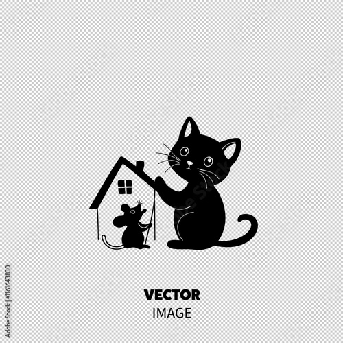 A playful black cat with wide eyes interacts with a small mouse beside a whimsical house.