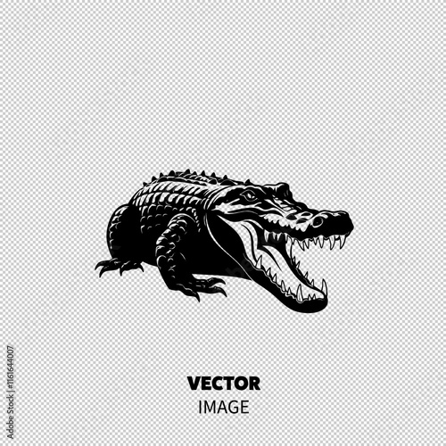 A ferocious black silhouette of an alligator with its mouth wide open, showcasing sharp teeth and detailed scales.