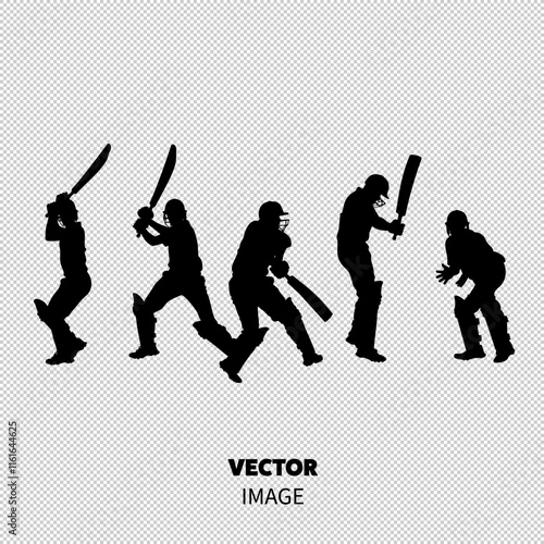 Silhouettes of male cricketers in action, showcasing various batting and fielding poses.