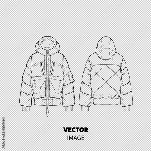 Stylish women's puffer jacket design with a unique quilted pattern and hood.