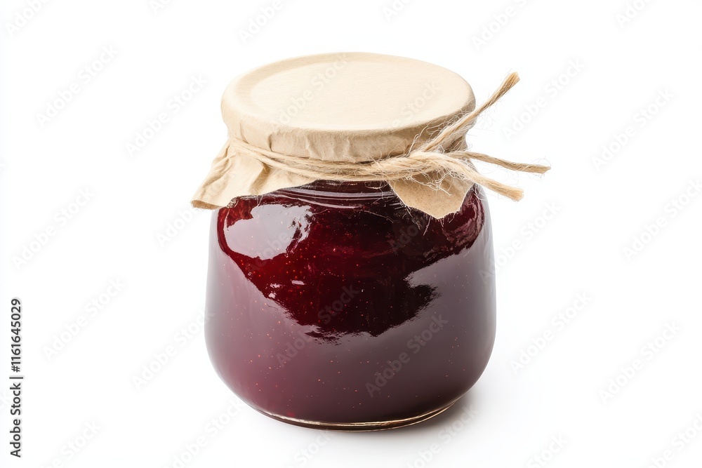 Glass jar of homemade plum chutney on white background Glass jar of homemade plum chutney on white background
