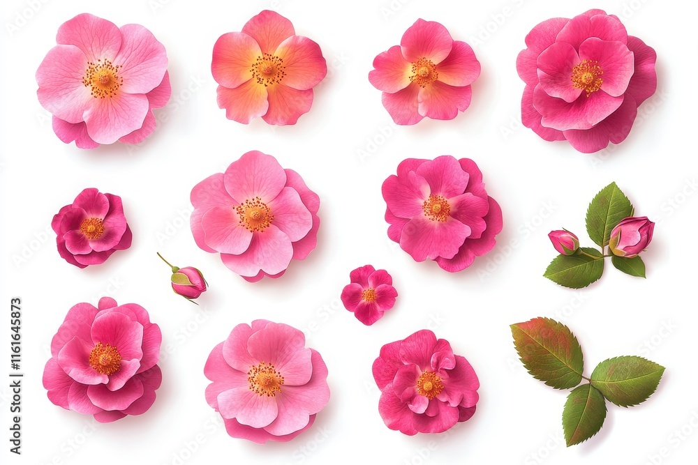 Group of vibrant pink wild rose flowers buds and leaves isolated on a white background top view flat lay Group of vibrant pink wild rose flowers buds and leaves isolated on a white background top view flat lay