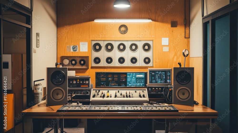 Fototapeta premium 1960s mission control room, retro buttons, analog displays, and a vintage aesthetic