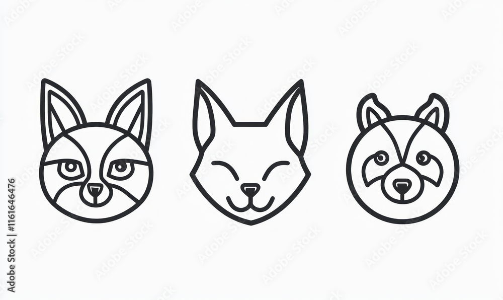 Three cute line art animal faces fox, raccoon, and kit fox. Three cute line art animal faces fox, raccoon, and kit fox.