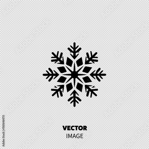 A striking black snowflake silhouette featuring intricate geometric patterns against a clean white background.