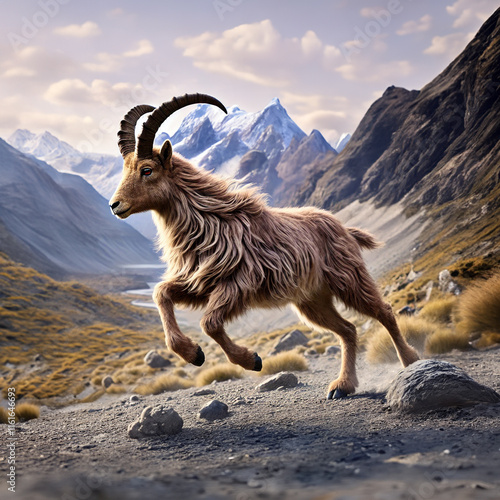 Himalayan Tahr in New Zealand Mountain Landscape Hyper Realistic Wildlife Image  photo