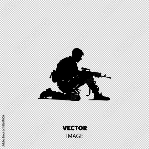 Silhouette of a crouched soldier with a rifle, showcasing strength and determination.