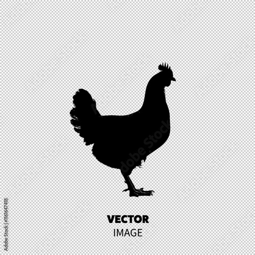 A striking silhouette of a black chicken against a bright background, showcasing its elegant posture and distinctive features.