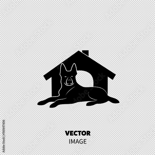 A black silhouette of a dog resting in front of its house, symbolizing companionship and loyalty.