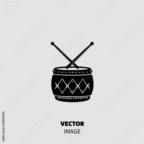 A traditional black silhouette of a drum with two drumsticks crossed above it.