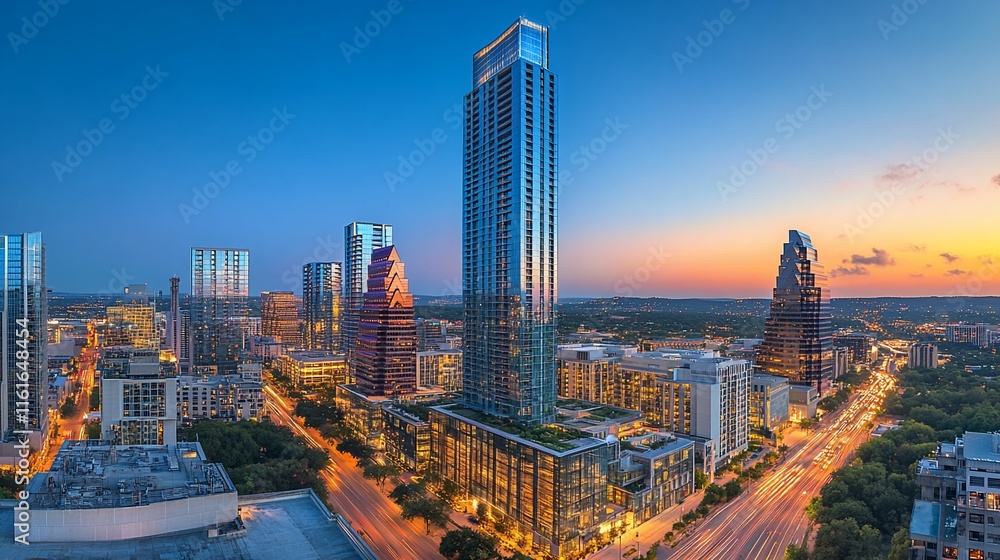 Fototapeta premium Austin, Texas cityscape at sunset, showcasing modern skyscrapers and city streets.