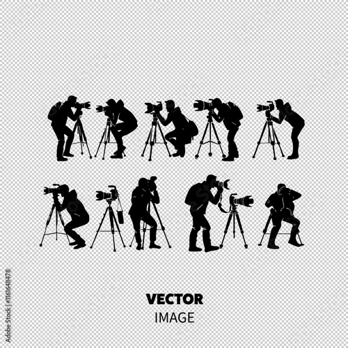 Silhouettes of photographers engaged in various shooting poses, showcasing creativity and passion for photography.