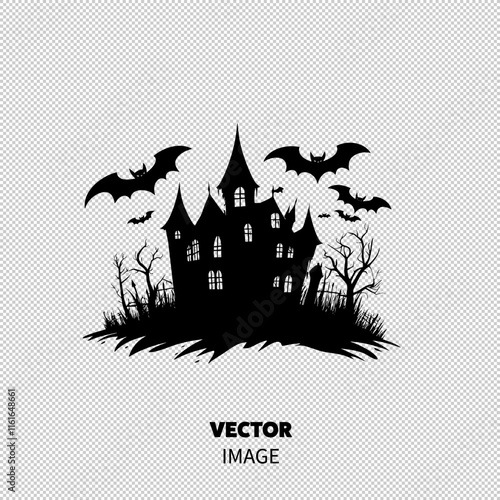 A spooky silhouette of a haunted house surrounded by bats and bare trees, perfect for Halloween themes.