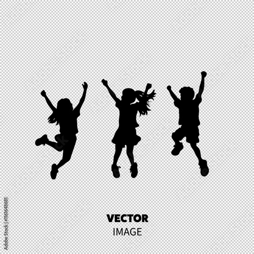 Three energetic children, two girls and one boy, joyfully jumping in silhouette against a white background.