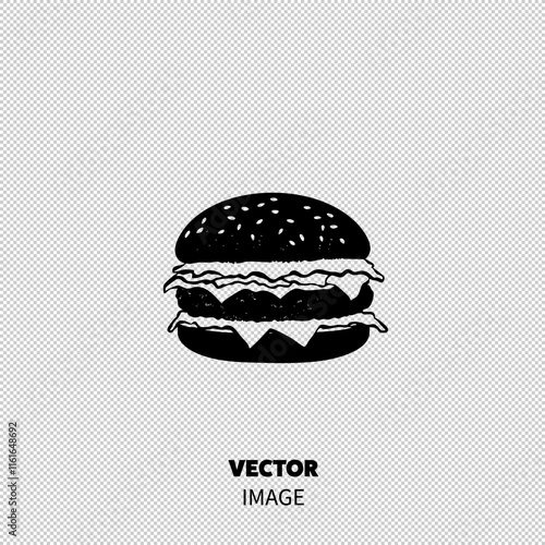 Illustration of a classic burger with two patties and toppings, featuring a sesame seed bun.