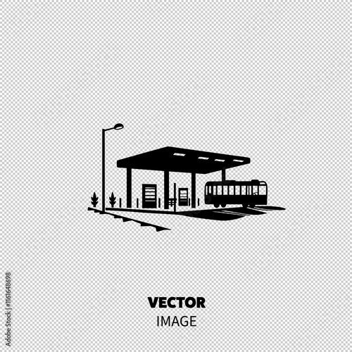 A silhouette of a tram station with a tram parked under a large canopy.