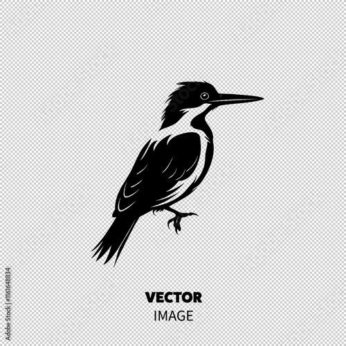 A striking black and white illustration of a kingfisher bird perched gracefully.