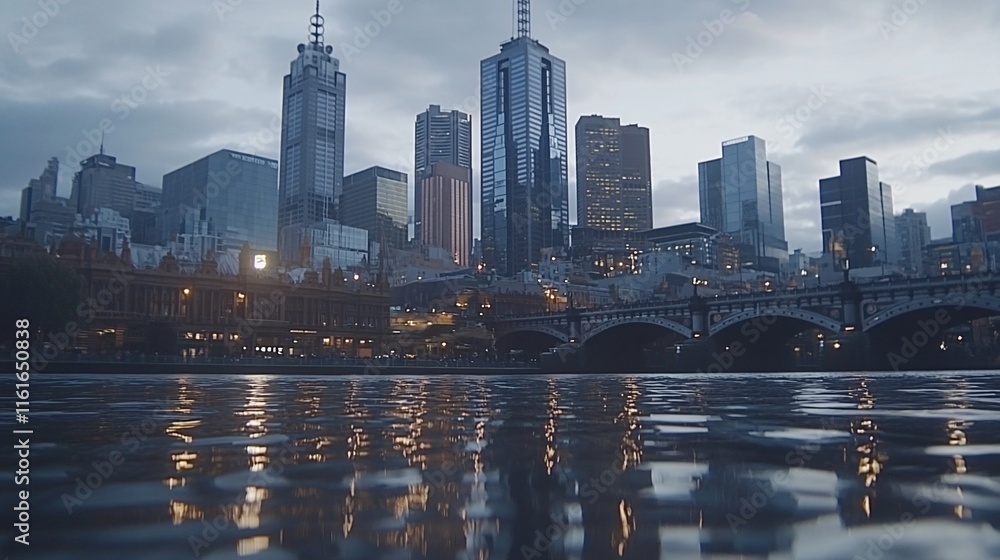 Obraz premium City skyline reflected in calm water at dusk.