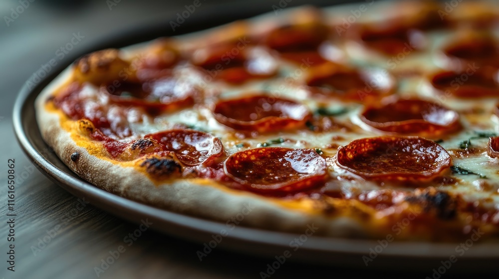 Close-up of a delicious pepperoni pizza on a wooden table. Close-up of a delicious pepperoni pizza on a wooden table.