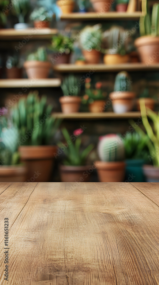 Fototapeta premium Wooden Surface with Blurred Background of Potted Plants on Shelves