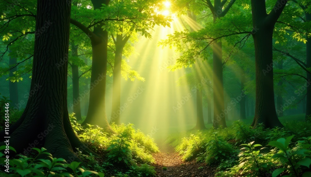 Obraz premium Golden sunlight streams through emerald canopy, dappling forest floor , shadow, botanical, sunbeams