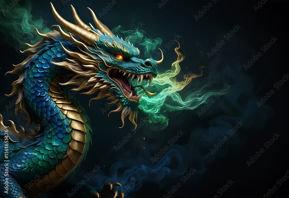 Powerful Azure Dragon with Majestic Scales and Golden Accents for Background Powerful Azure Dragon with Majestic Scales and Golden Accents for Background