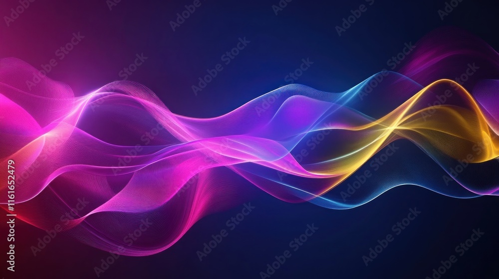 A hyper-realistic 3D rendering of an abstract background featuring flowing wavy lines and waves in a mesmerizing blue-purple gradient accented with vibrant yellow and pink highlights. A hyper-realistic 3D rendering of an abstract background featuring flowing wavy lines and waves in a mesmerizing blue-purple gradient accented with vibrant yellow and pink highlights.