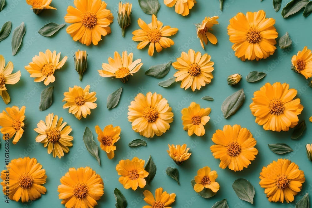 Marigold flowers Calendula officinalis on a green blue backdrop An herbaceous plant in the Asteraceae family Marigold flowers Calendula officinalis on a green blue backdrop An herbaceous plant in the Asteraceae family