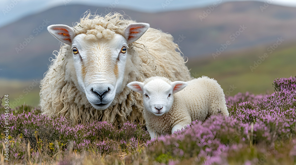 Fototapeta premium Ewe and Lamb in Heather, Pastoral Scene of Motherly Protection in Spring