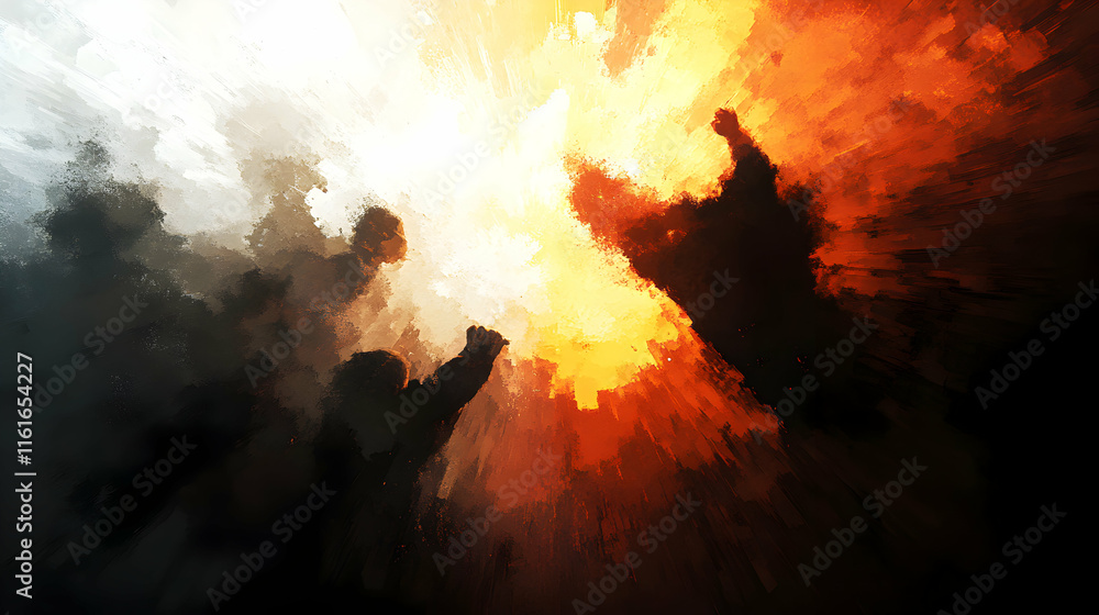 Abstract Conflict, Figures Embrace Fiery Chaos Intensely Abstract Conflict, Figures Embrace Fiery Chaos Intensely