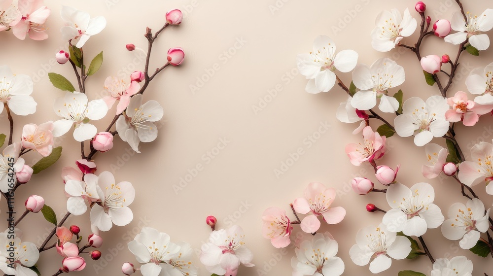 Pink and white blossoms on taupe background with natural light Pink and white blossoms on taupe background with natural light
