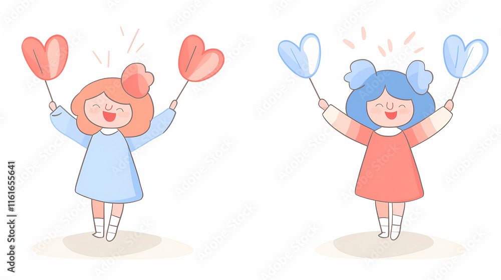 Joyful Girls with Heart Balloons, Celebrating Happiness and Love with Excitement. Joyful Girls with Heart Balloons, Celebrating Happiness and Love with Excitement.