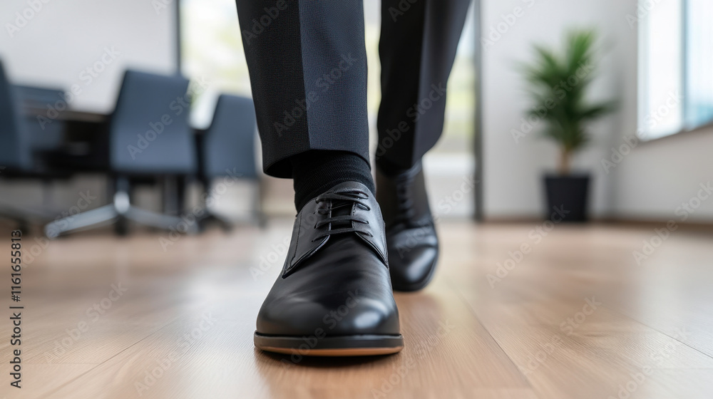 Confidently walking in formal shoes, man strides across modern office space Confidently walking in formal shoes, man strides across modern office space