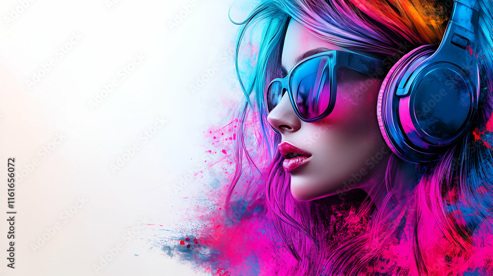 Obraz premium Vibrant Woman with Headphones Enjoys Music Passionately