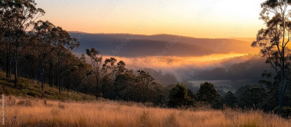 Golden sunrise over misty valley landscape with trees and tall grass. Golden sunrise over misty valley landscape with trees and tall grass.