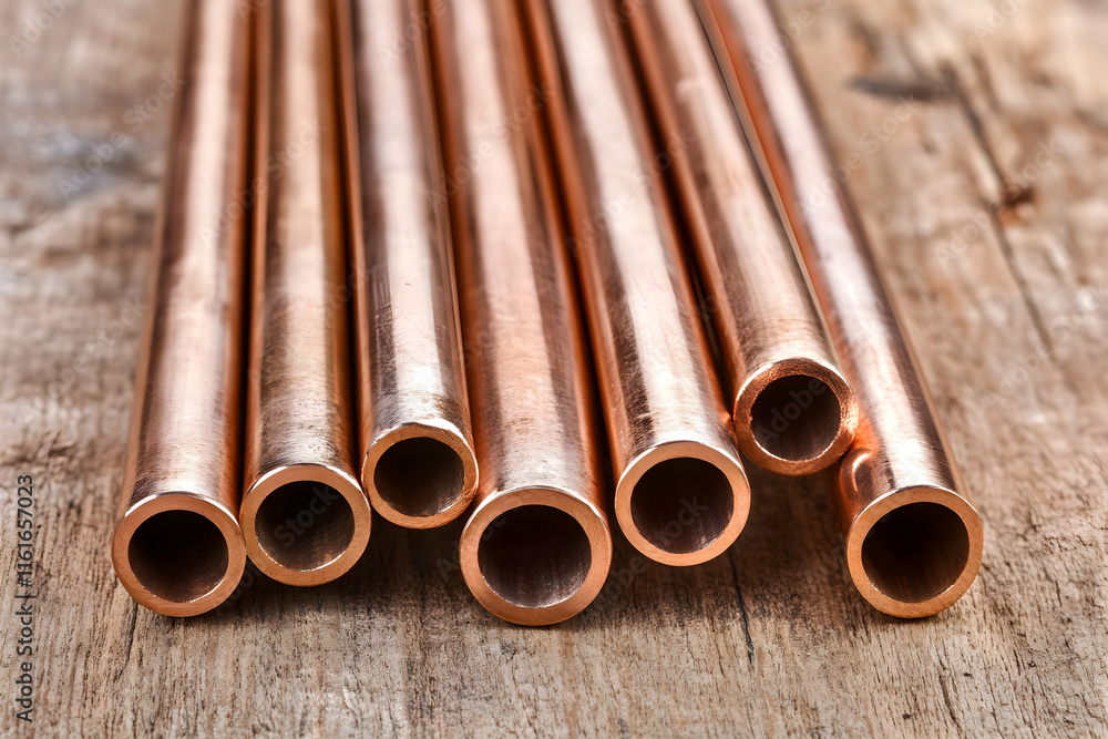 Copper Pipes, Shiny Metal Tubes on Wooden Surface, Industry Material, Plumbing Supply, Construction Resource, Durable Pipes, Robust Metal, Excellent Conductivity, Heat Transfer Copper Pipes, Shiny Metal Tubes on Wooden Surface, Industry Material, Plumbing Supply, Construction Resource, Durable Pipes, Robust Metal, Excellent Conductivity, Heat Transfer