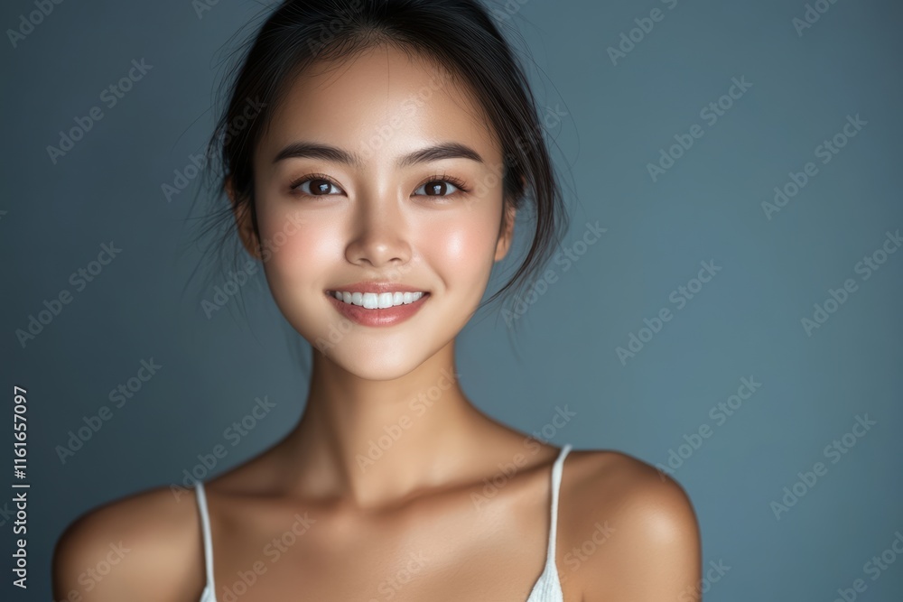 A young woman serene smile and elegant pose against a soft green setting emphasize her natural grace and allure. A young woman serene smile and elegant pose against a soft green setting emphasize her natural grace and allure.