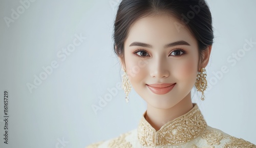 A young woman smiles while wearing traditional Asia attire, featuring intricate patterns and golden accessories. The soft background highlights her elegance and cultural beauty. photo