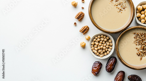 beans in a bowl and dates on white background