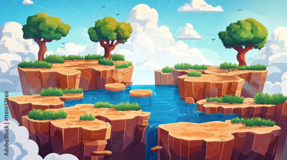 Obraz premium Cartoon Landscape with Floating Cliffs, Trees, and a Waterfall