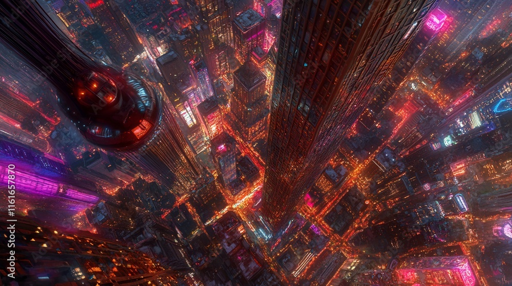 Fototapeta premium Futuristic city aerial view at night, vibrant lights and skyscrapers.