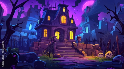 A Haunted House on a Spooky Night with Two Skulls in the Foreground photo