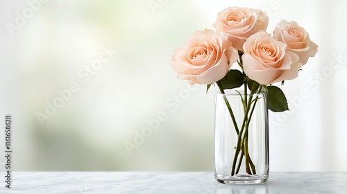 Peach roses in clear glass vase on marble.